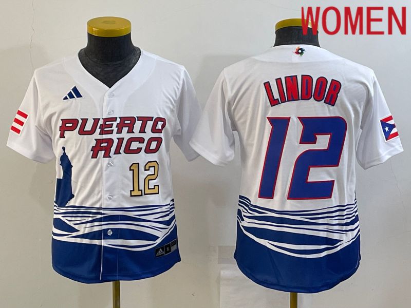 Women 2023 World Cub #12 Lindor White MLB Jersey2->women mlb jersey->Women Jersey